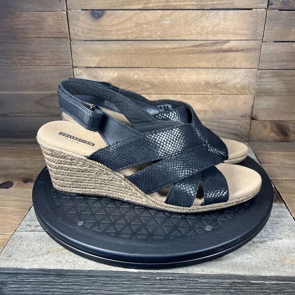 Clarks Collection Lafley Krissy Black Leather Wedge Sandals Womens Size 9.5 NWOB - Picture 1 of 10